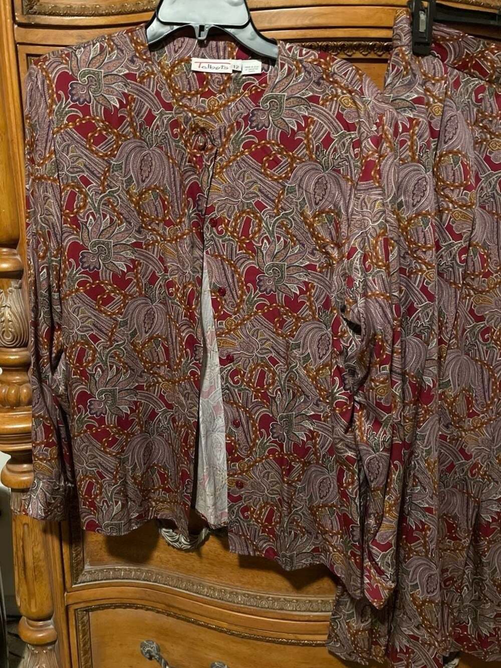 Vintage Talbots Paisley Print Skirt and Blouse Two-Piece Set Size 12 Maroon